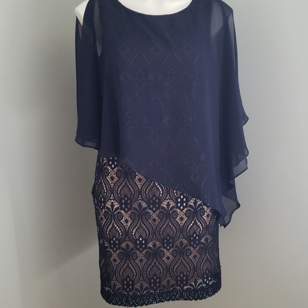 NWT Petite Chiffon Cape Overlay Lace Dress